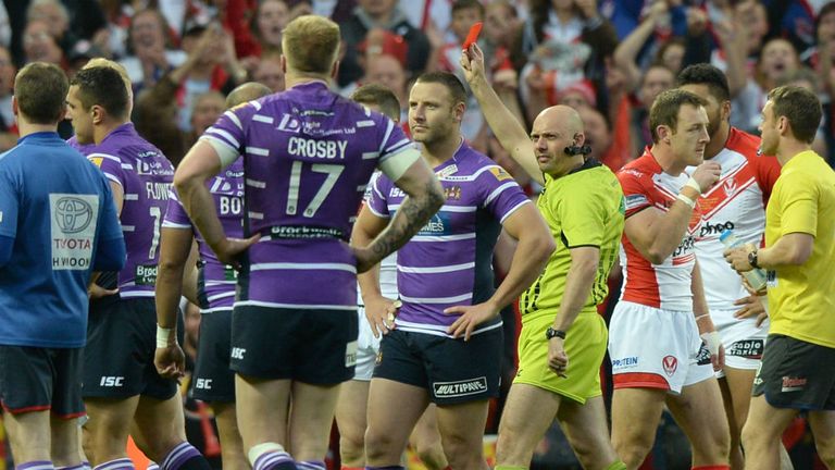 Refeere Phil Bentham sending off Ben Flower of Wigan Warriors during the First Utility Super League Grand Final