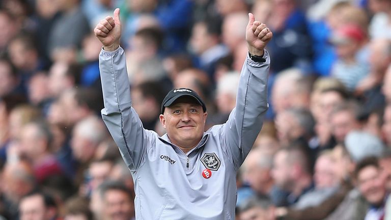 Russell Slade the new manager of Cardiff City salutes the home supporters  during the Sky Bet Championship match between Cardiff and Nottingham Forest