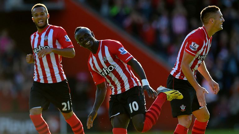 Sadio Mane of Southampton celebrates after scoring the opening goal against Stoke