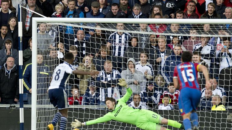 West Brom striker Saido Berahino scores his team's second goal during the English Premier League football match against Crystal Palace