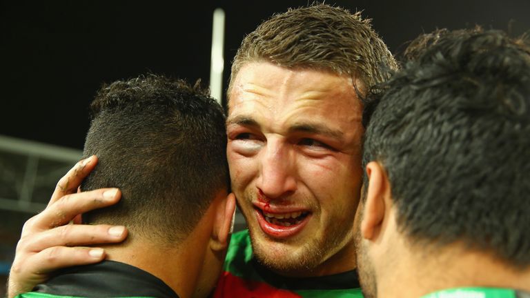 Sam Burgess of the South Sydney Rabbitohs cries as he celebrates victory after the 2014 NRL Grand Final