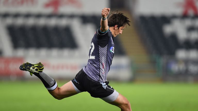 SWANSEA, WALES - SEPTEMBER 05:  Ospreys player Sam Davies kicks at goal during the Guinness Pro 12 match between Ospreys and Benetton Rugby Treviso at Libe