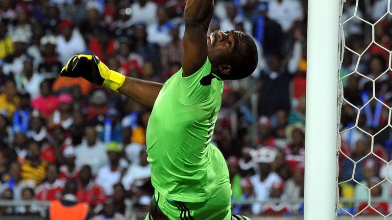 Murdered goalkeeper Senzo Meyiwa in action for club team Orlando Pirates last year