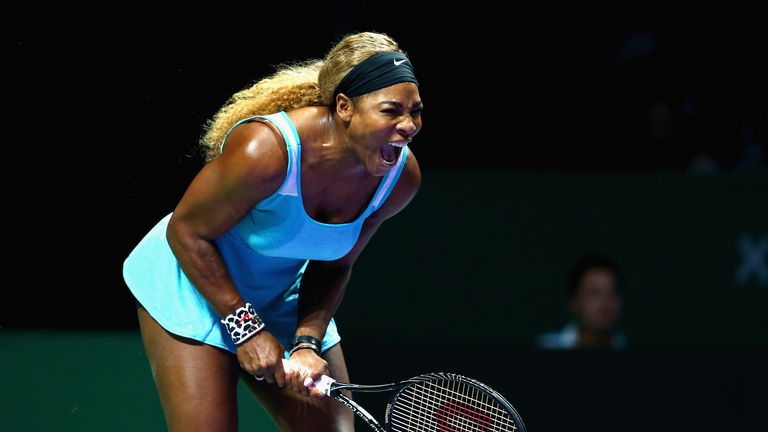 SINGAPORE - OCTOBER 22:  Serena Williams of the United States shows her frustrations during her straight sets defeat by Simona Halep of Romania in their ro