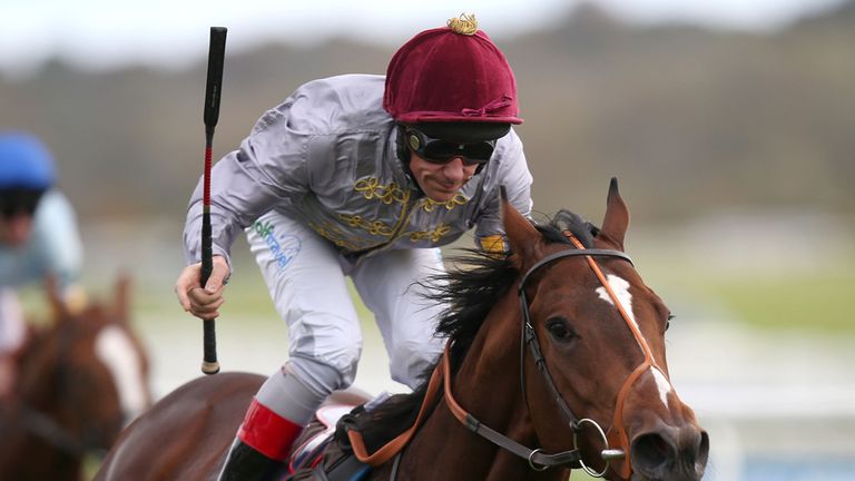 Smaih ridden by Frankie Dettori comes home to win The Worthington's Whizz Kidz Stakes (Registered As The Horris Hill Stakes)