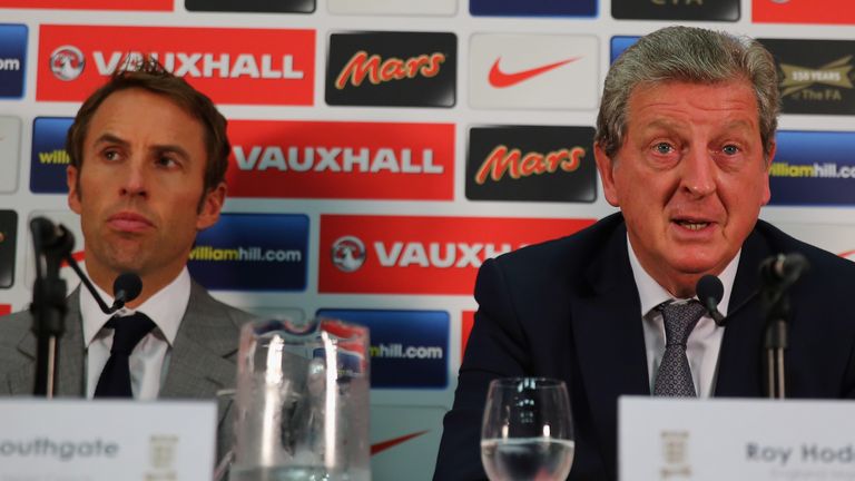 New England U21 Head Coach Gareth Southgate (l) and England Manager Roy Hodgson talk to the media during an England press conference, August 2013