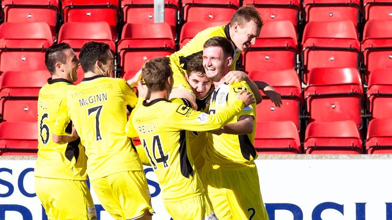 St Mirren players celebrate the opening goal at McDiarmid Park