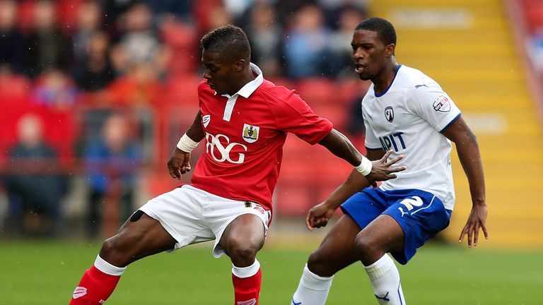 Kieran Agard of Bristol holds off pressure from Tendayi Darikwa of Chesterfield during the Sky Bet League One match