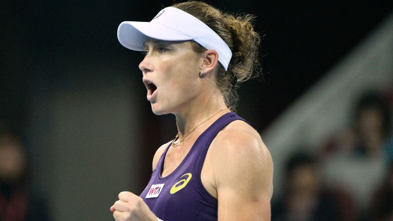 Sam Stosur reacts after a point against Petra Kvitova during their match at the 2014 China Open