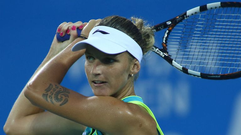 Karolina Pliskova in action against Petra Kvitova at the 2014 Dongfeng Motor Wuhan Open