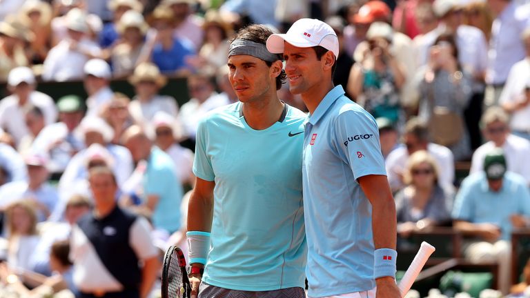 PARIS, FRANCE - JUNE 08:  Novak Djokovic of Serbia poses with Rafael Nadal of Spain before their men's singles final match on day fifteen of the French Ope
