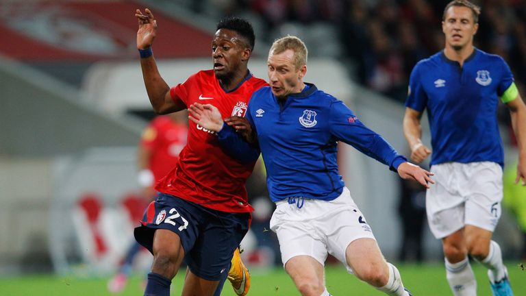 Tony Hibbert of Everton (2) and Divock Origi of Lille battle for the ball during the UEFA Europa League Group H match