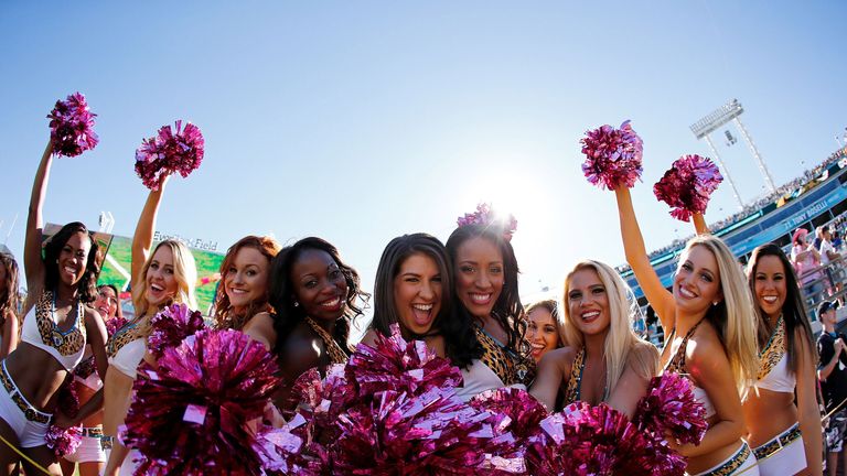 The Jacksonville Jaguars cheerleaders pose for a photo after the game against the Pittsburgh Steelers at EverBank Field
