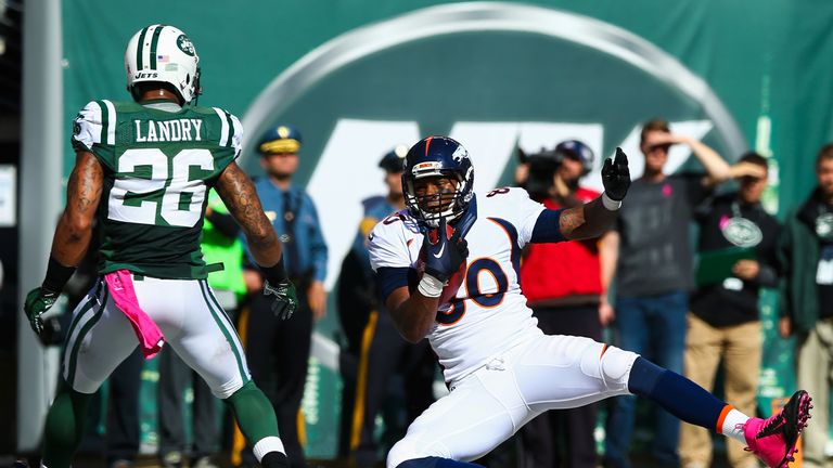 Julius Thomas of the Denver Broncos falls into the end zone in his team's win over the New York Jets