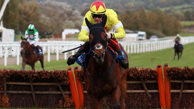 Vicente, ridden by Sam Twiston-Davies, jumps the last on the way to victory in the Neptune Investment Management Novices' Hurdle