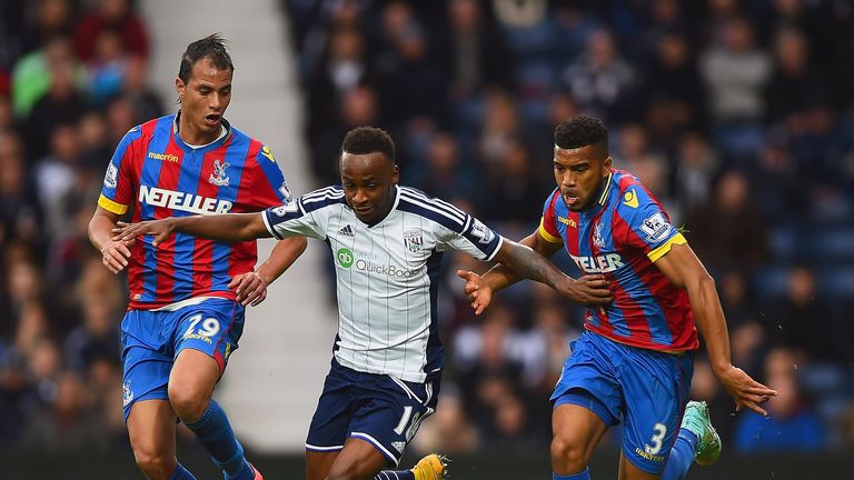 Saido Berahino chased down by Marouane Chamakh (L) and Adrian Mariappa - West Brom v Crystal Palace