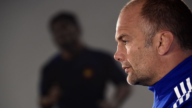 France assistant rugby coach Yannick Bru gives a press conference  in Marcoussis, south of Paris