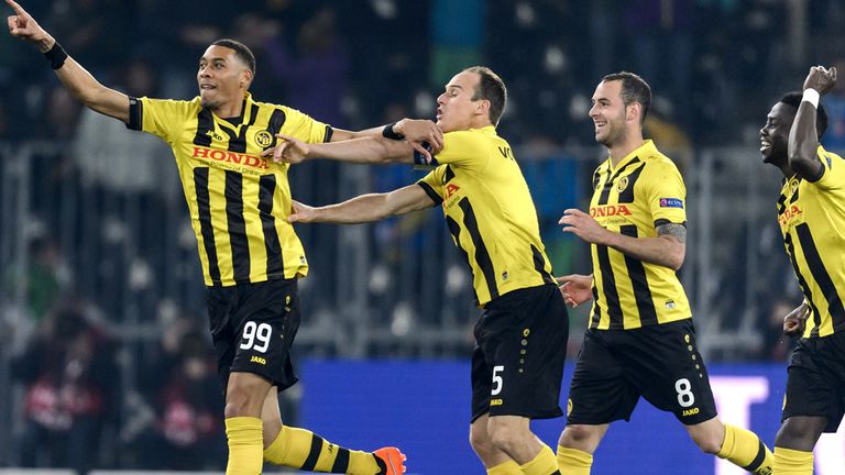 Young Boys' forward from France, Guillaume Hoarau (L) celebrates his team's first goal