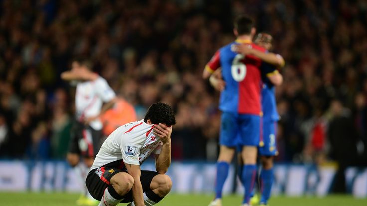 LONDON, ENGLAND - MAY 05:  A dejected Luis Suarez of Liverpool reacts following his team's 3-3 draw during the Barclays Premier League match between Crysta