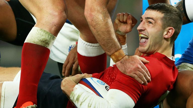 Jonny May celebrates after touching down in the first half