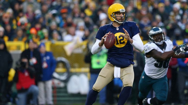 Quarterback  Aaron Rodgers of the Green Bay Packers looks to pass against the Philadelphia Eagles