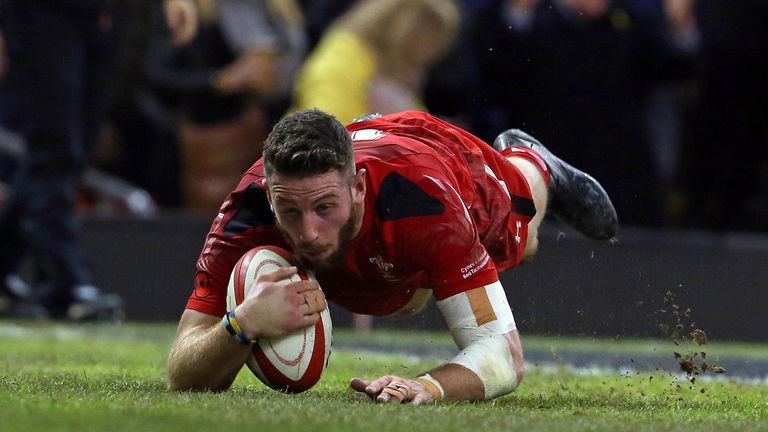 Wales winger Alex Cuthbert scores a try during the Test against Australia at the Millennium Stadium in Cardiff