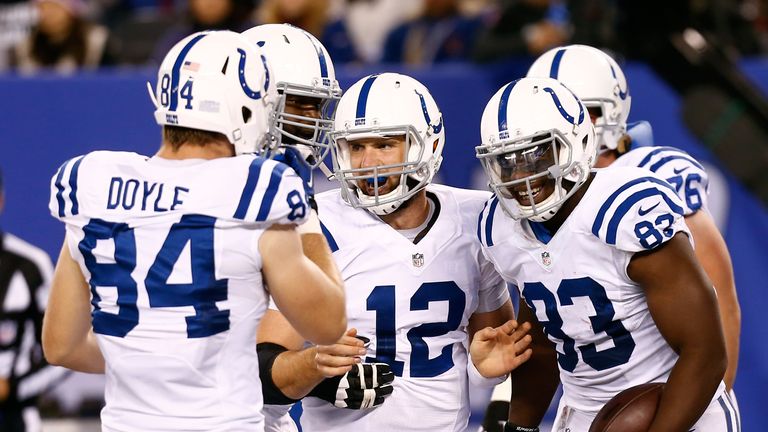 Andrew Luck and tight end Dwayne Allen of the Indianapolis Colts celebrate