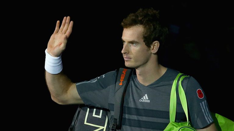 LONDON, ENGLAND - NOVEMBER 09:  Andy Murray of Great Britain waves to the crowd as he walks out on court for his round robin match against Kei Nishikori of