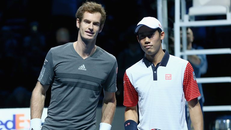 LONDON, ENGLAND - NOVEMBER 09:  Andy Murray of Great Britain and Kei Nishikori of Japan pose for a photograph prior to their round robin match during the B