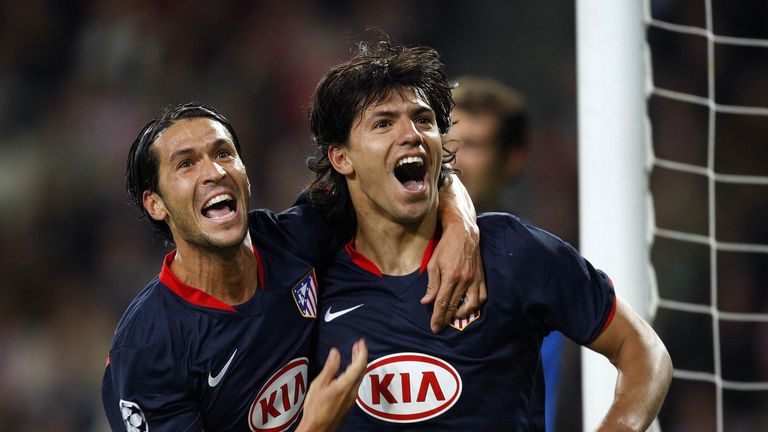 Atletico Madrid player Sergio Aguero celebrates after beating PSV Eindhoven on September 16, 2008 during the Champions League