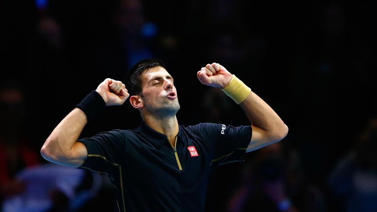 Novak Djokovic celebrates after beating Stan Wawrinka at the ATP World Tour Finals in London