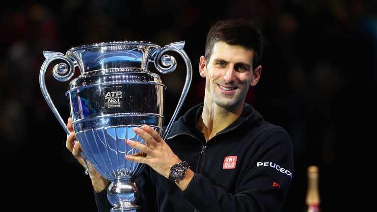 Novak Djokovic of Serbia is presented with the Barclays ATP World Tour No. 1 Award at the O2 Arena