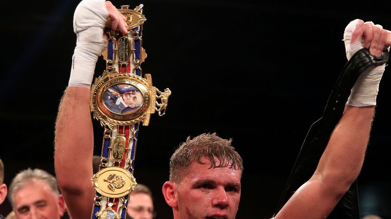 Bradley Joe Saunders celebrates beating Chris Eubank Junior in their British European and Commonwealth middleweight title fight at the ExCel Arena, London.