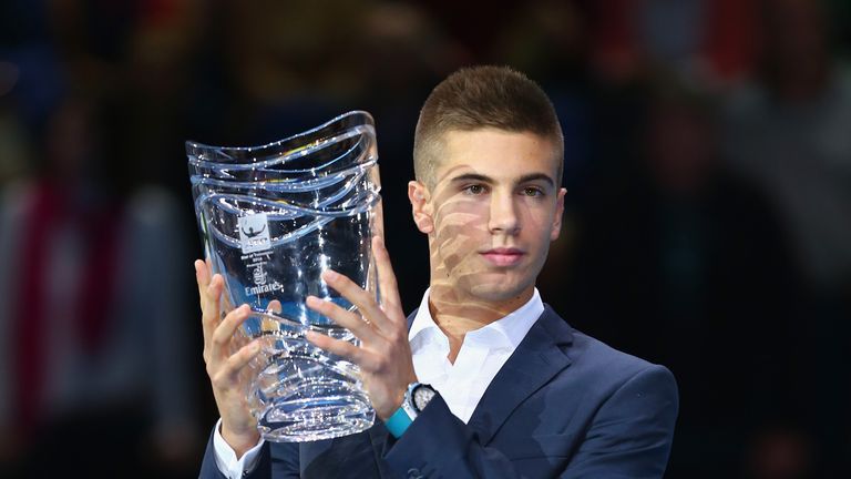 Borna Coric of Croatia is presented with the ATP Star of Tomorrow Award on day four of the Barclays ATP World Tour Finals