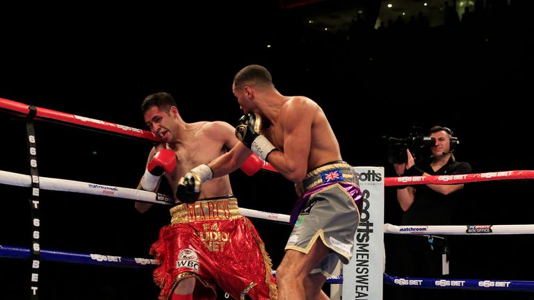 James DeGale lands a big punch against Marco Antonio Periban at the Echo Arena in Liverpool