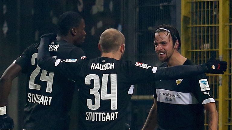 Martin Harnik of VfB Stuttgart celebrates with team mates 