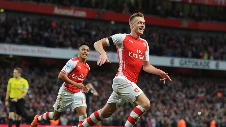 Calum Chambers scores Arsenal's second goal against Burnley.