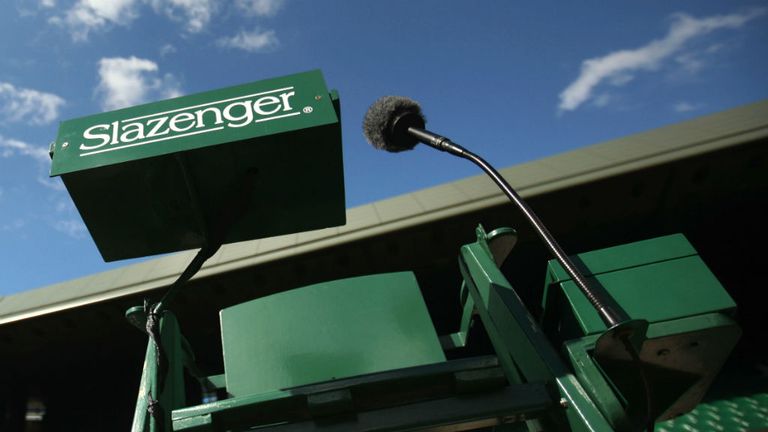A view of the umpires chair on Centre Court on Day Eleven of Wimbledon