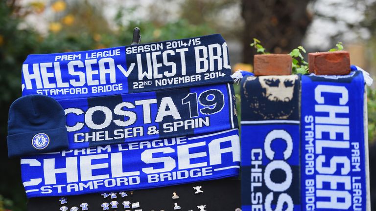 Football merchandise is sold prior to the match between Chelsea and West Bromwich Albion at Stamford Bridge
