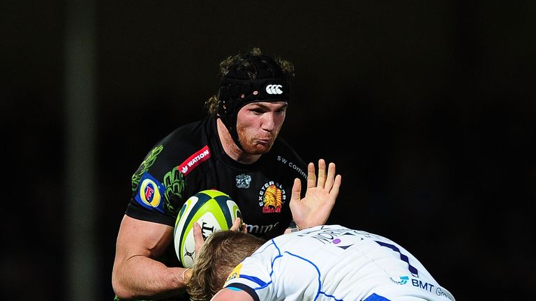 EXETER, ENGLAND - NOVEMBER 08:  Ben White of Exeter Chiefs takes on Max Northcote-Green of Bath during the LV= Cup match between Exeter Chiefs and Bath Rug