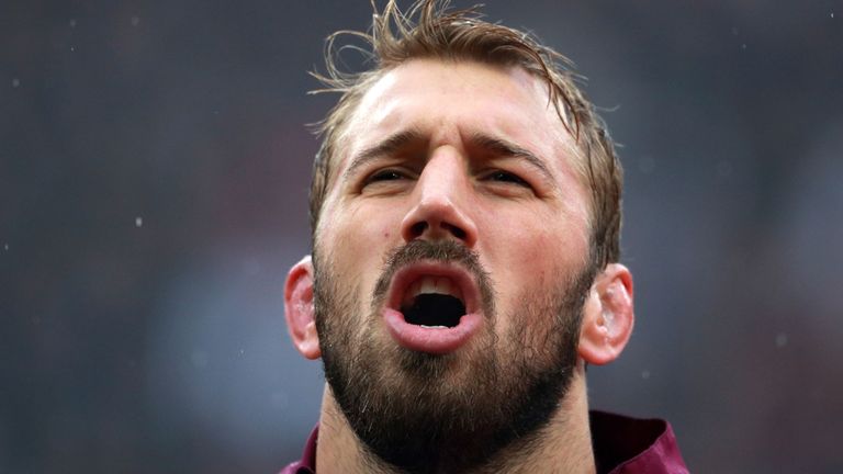 England's Chris Robshaw sings the national anthem during the QBE International at Twickenham, London.