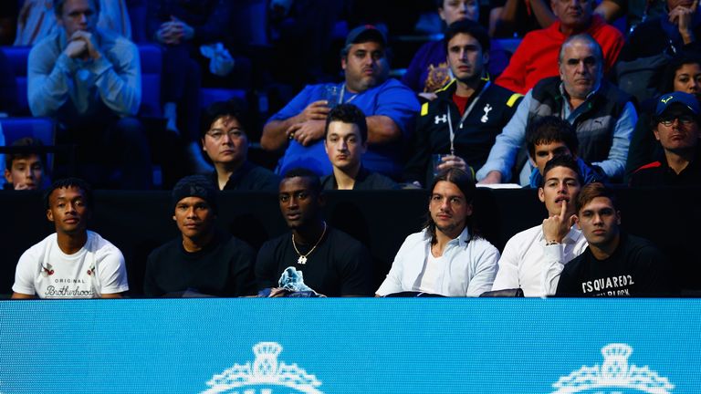 Colombian footballers Juan Guillermo Cuadrado, Carlos Bacca, Jackson Martinez, and James Rodriquez watch Roger Federer at O2 Arena