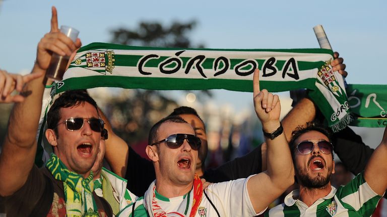 MADRID, SPAIN - NOVEMBER 01:  Cordoba CF fans cheer prior to the La Liga match between Club Atletico de Madrid and Cordoba CF outside Vicente Calderon Stad