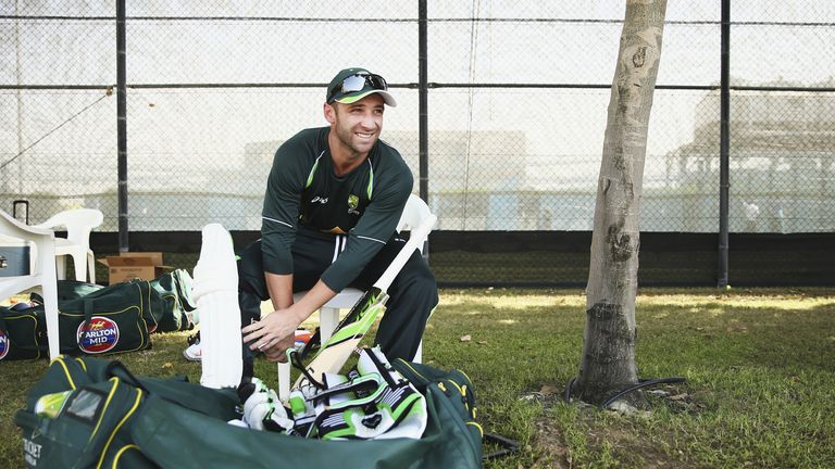 DUBAI, UNITED ARAB EMIRATES - OCTOBER 21:  Phil Hughes of Australia looks on during an Australian Nets Session at the ICC Academy on October 21, 2014 in Du