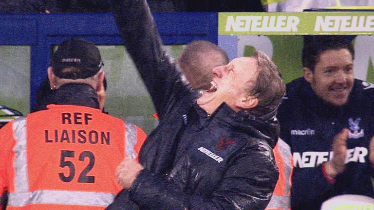 Neil Warnock celebrates Crystal Palace's winner against Liverpool.