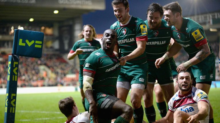 LEICESTER, ENGLAND - NOVEMBER 09:  Miles Benjamin of Leicester Tigers celebrates after scoring a try during the LV= Cup match between Leicester Tigers and 