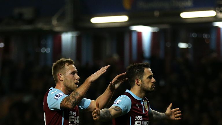 Danny Ings of Burnley celebrates after scoring his team's first goal from the penalty spot during the Barclays Premier League match against Aston Villa