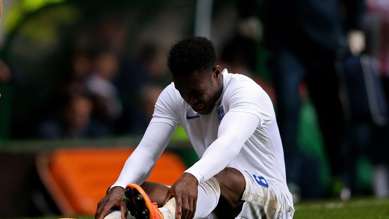 GLASGOW, SCOTLAND - NOVEMBER 18:  Daniel Welbeck of England goes down injured during the International Friendly match between Scotland and England