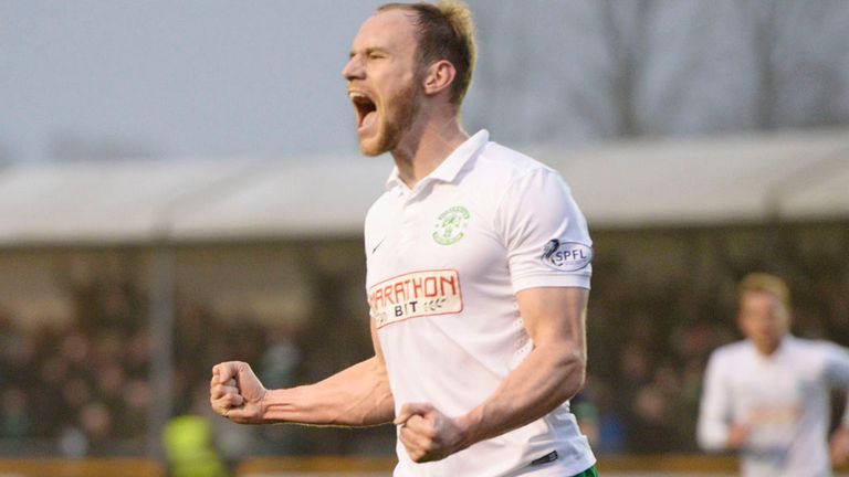 David Gray celebrates after heading Hibs into a 2-1 lead at Recreation Park, Alloa, in the Scottish Cup