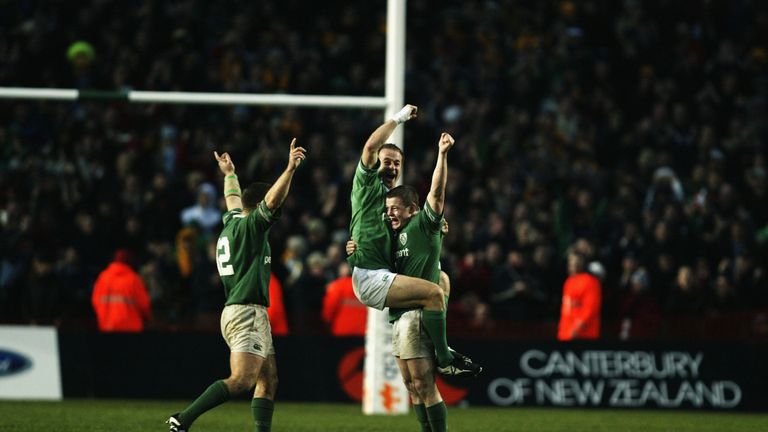 Kevin Maggs, Denis Hickie and Brian O'Driscoll Ireland celebrate win over Australia 2002
